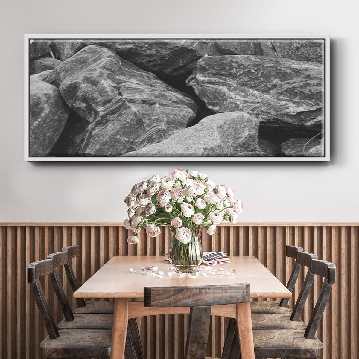 Renditions Gallery Floater Framed Home Décor Black Textured Rock Painting Canvas Hanging Decoration for Lounge Kitchen Bedroom - 20"x50" White Frame LT621
