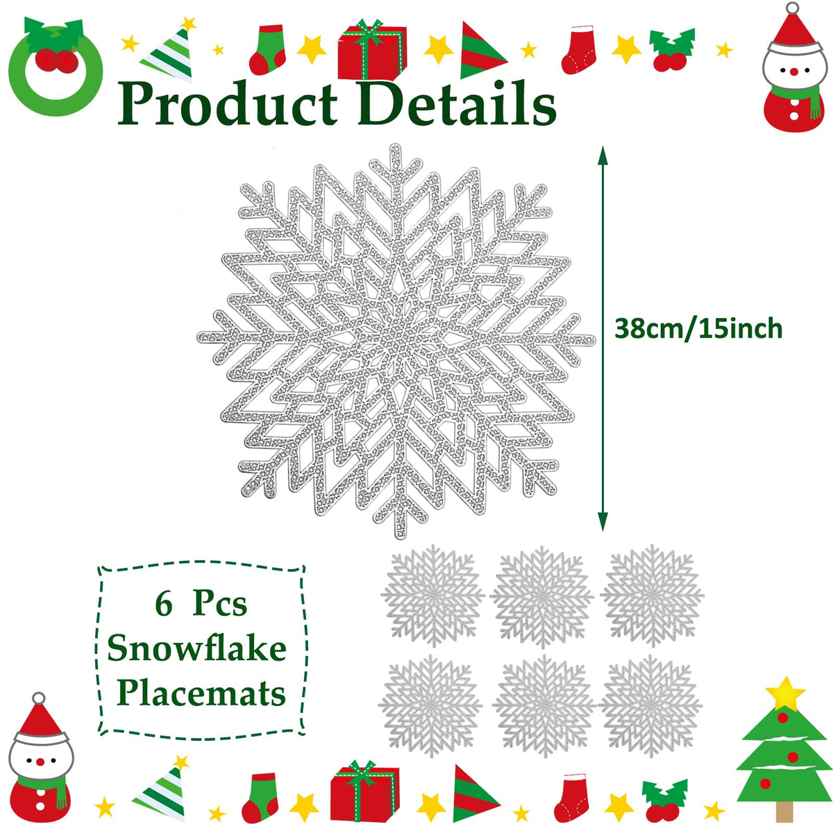 Snowflake Placemats Set of 6, Christmas Placemats Decorations Hollow Out Design Snowflake Table Mats Place Mats for Dining Table Setting Kitchen Table Mats Christmas Decoration(Silver Snowflake)