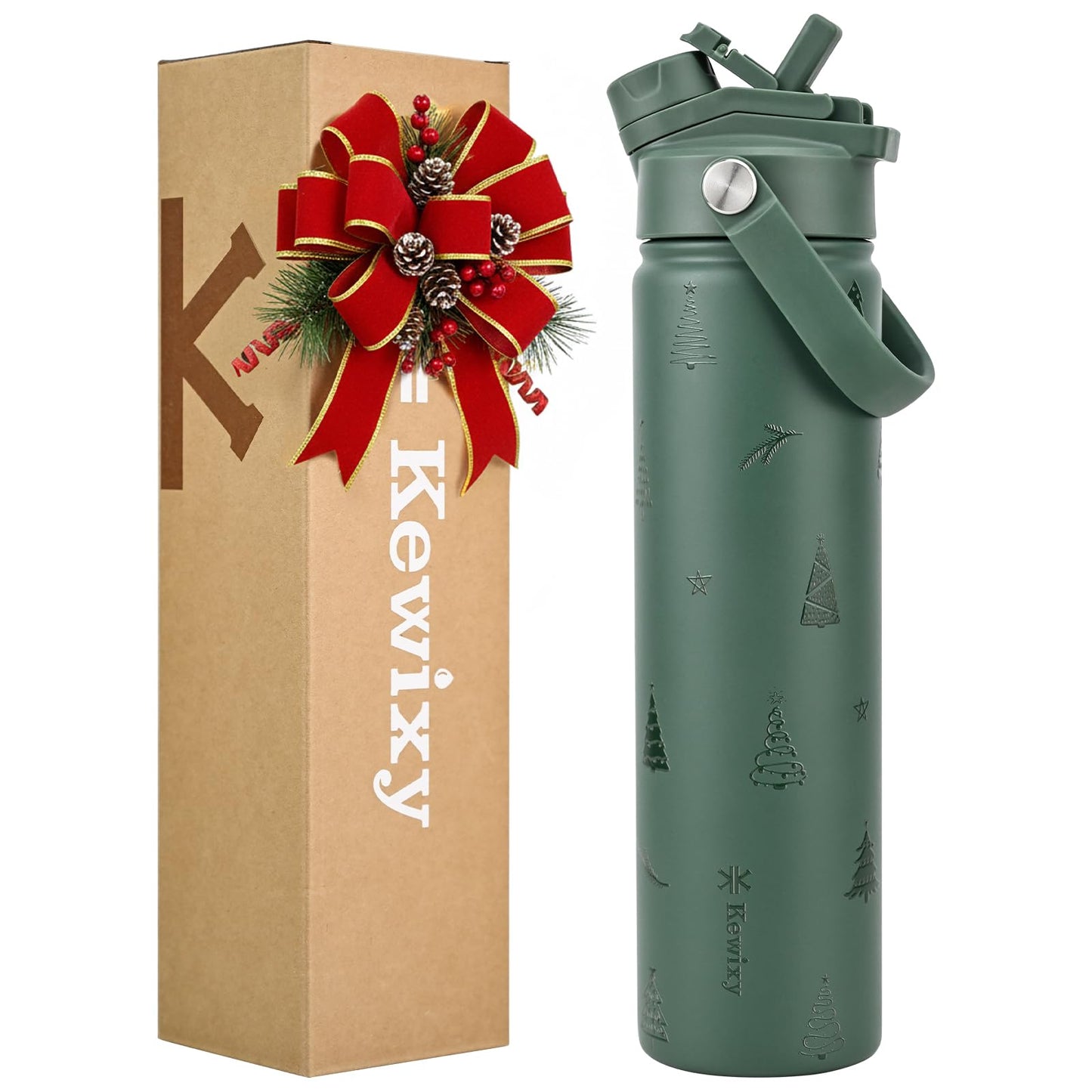 KEWIXY 24 oz Christmas Water Bottle, 2-in-1 Lid, Straw & Spout, Insulated, Leak Proof, Keep Cold, Stainless Steel, Metal, Reusable, Handle, Holiday Gift, Cupholder Friendly, Green Tree