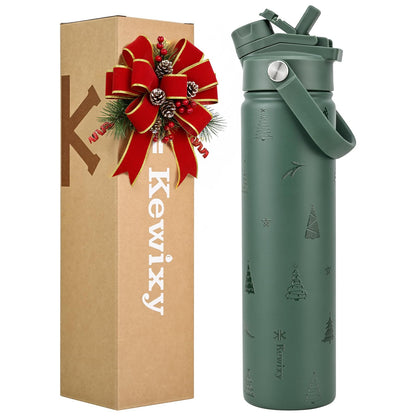 KEWIXY 24 oz Christmas Water Bottle, 2-in-1 Lid, Straw & Spout, Insulated, Leak Proof, Keep Cold, Stainless Steel, Metal, Reusable, Handle, Holiday Gift, Cupholder Friendly, Green Tree