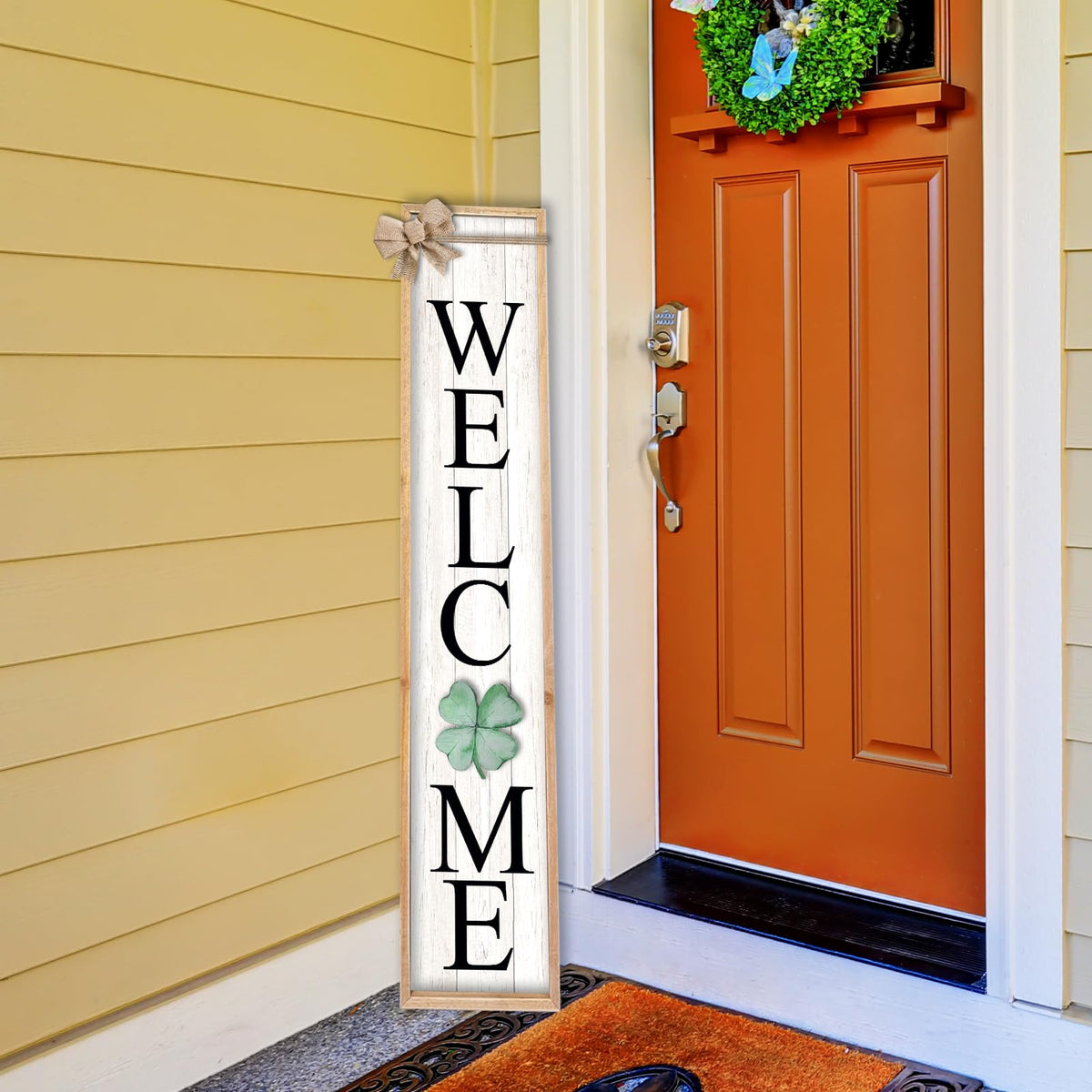 TQianJiang Interchangeable Welcome Sign for Front Porch Standing 45"X9" 12 Pcs Replaceable Signs Vertical Leaner Wood Framed Outdoor Decor (Wood White)