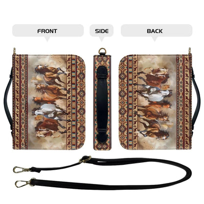 Sktodyaw Large Capacity Bible Book Cover with Horse Navajo Aztec Tribal Print, PU Leather Bible Case with Detachable Strap, Essential for Church,2XL