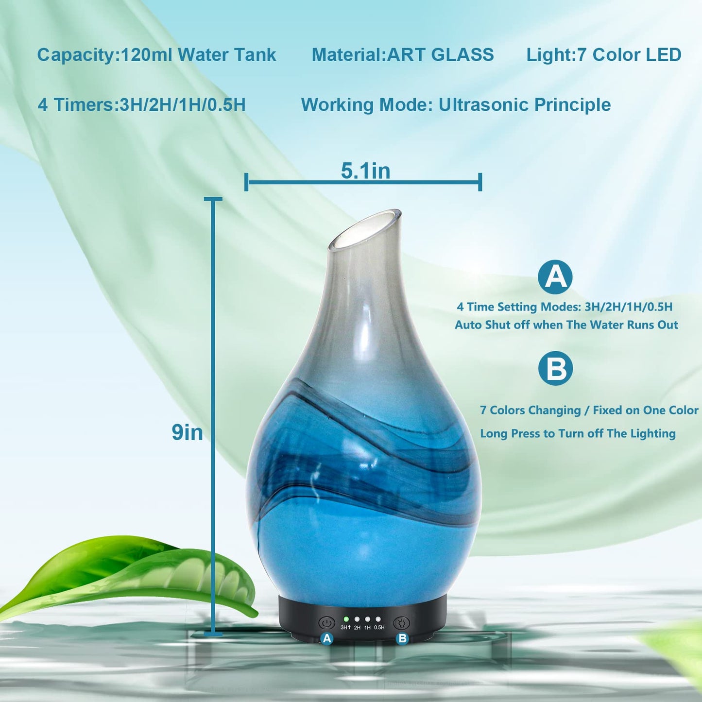 MAXWINER Essential Oil Diffusers Ultrasonic 3D Glass Aromatherapy Diffuser, Auto Shut-Off, Timer Setting, 7 Colors LED Lights Changing for Home, Office, Spa 120ml