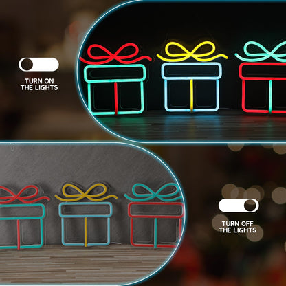 ROCEEI 3 Pcs Christmas Neon Sign, Neon Lights Gift Box LED USB Wall Bar Living Room Decor for Winter Party Holiday Night Bedroom Gifts