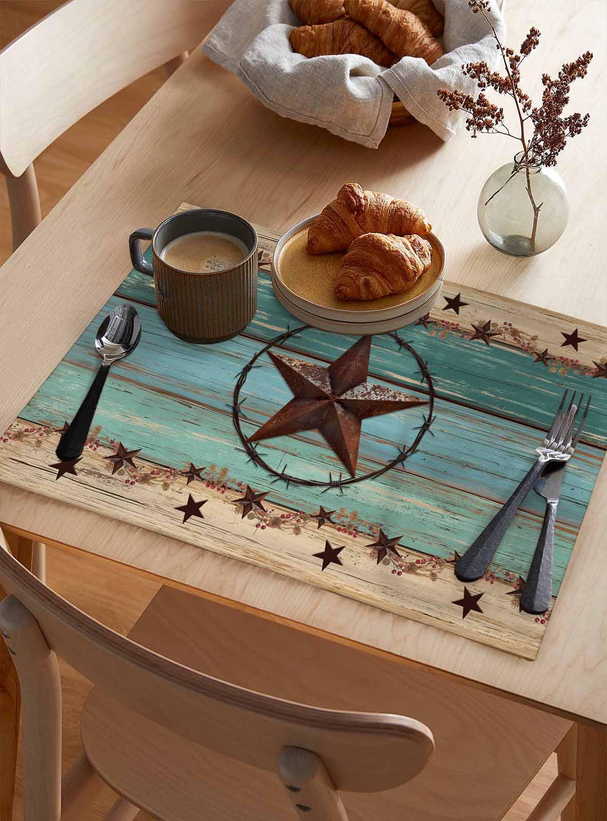 Western Texas Star Placemats Set of 6 Retro Turquoise Wooden Rustic Farmhouse 13x19 Inch Washable Non Slip Linen Table Mats, Rustic Summer Placemats for Dining Table Party Kitchen Decor