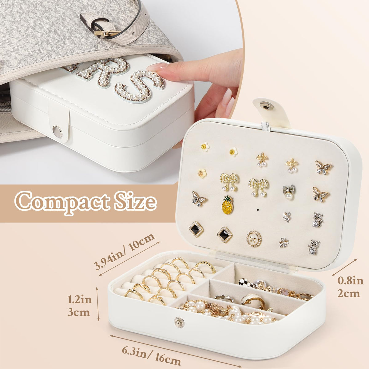 Sightor Bride Jewelry Box, MRS Travel Jewelry Box for Bride Portable Jewelry Case, Small Jewelry Organizer for Bachelorette Party, Honeymoon, Engagement Gift, Bridal Shower Gift (White, Gold)