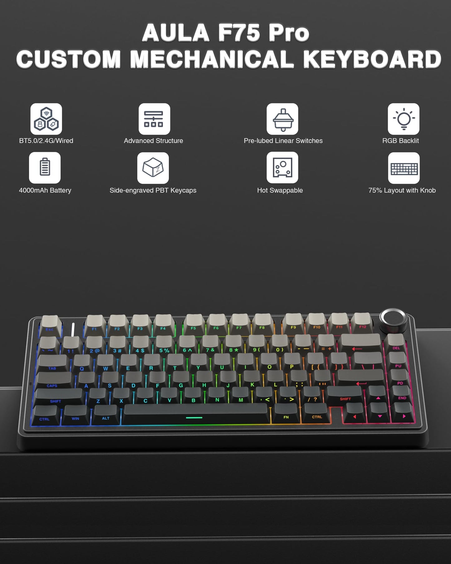 AULA F75 Wireless Mechanical Keyboard, Gasket Mounted, Hot Swappable, Pre-lubed Reaper Switches, RGB Backlit, 2.4GHz/Type-C/Bluetooth Gaming Keyboard (75%)