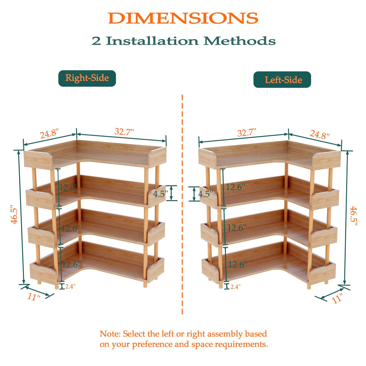 OSCHF Wooden Reversible Corner Bookshelf - Modern 4 Tiers L-Shaped Bookcase with Solid Wood Frame and Edge Protection for Home and Office, Open Storage Shelf, Oak
