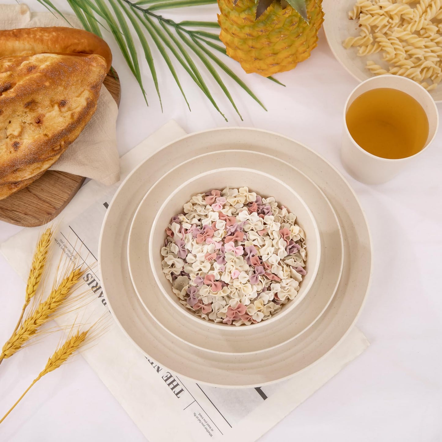 LIYH 32 Pcs Beige Wheat Straw Dinnerware Set for 8, Plastic Plates and Bowls Set, Unbreakable Dishes Set for 8, Dishwasher & Microwave Safe Reusable