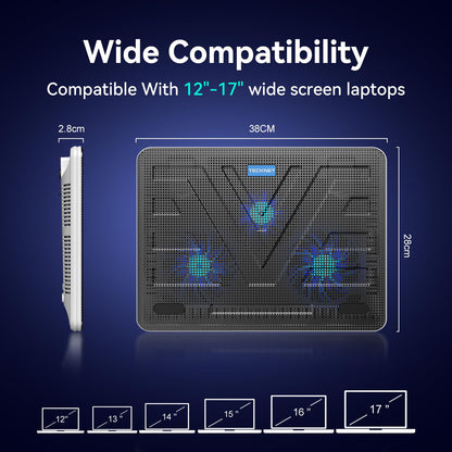 TECKNET Laptop Cooling Pad, Portable Slim Quiet USB Powered Laptop Notebook Cooler Cooling Pad Stand Chill Mat with 3 Blue LED Fans, Fits 12-17 Inches (White)