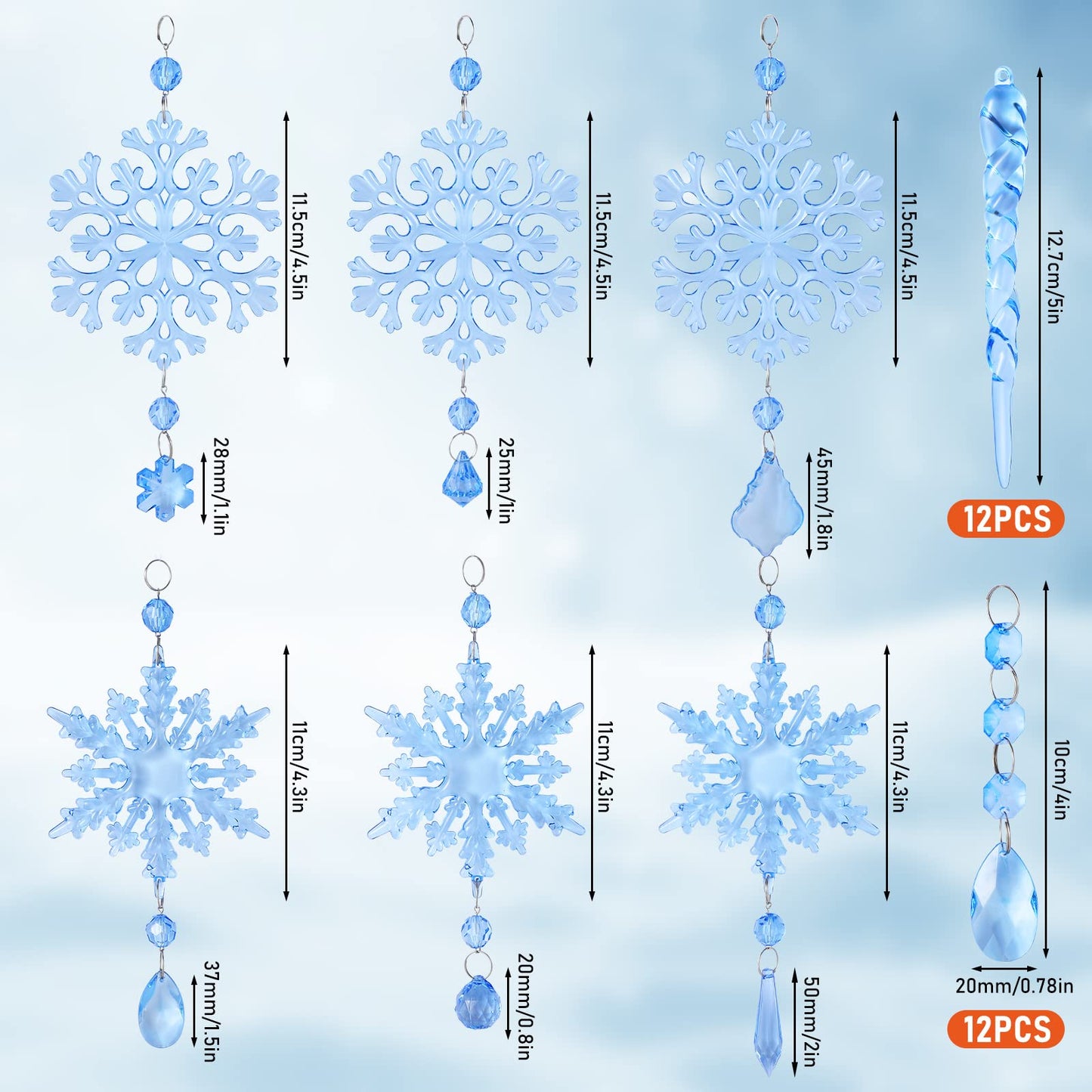 Marsui 30 Pieces Christmas Icicle Ornaments Acrylic Snowflake Ornaments for Christmas Tree Crystal Chandelier Drops with Crystal Line for Xmas Decor(Blue)