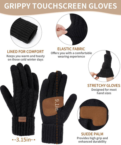 Women Beanie Hat Scarf Gloves Set, 3 PCS Winter Warm Pom Pom Beanie Hat Skull Cap Long Knit Neck Scarf & Touchscreen Gloves Set for Cold Weather, Christmas Holiday Gifts for Mom Wife Friend Sister Her