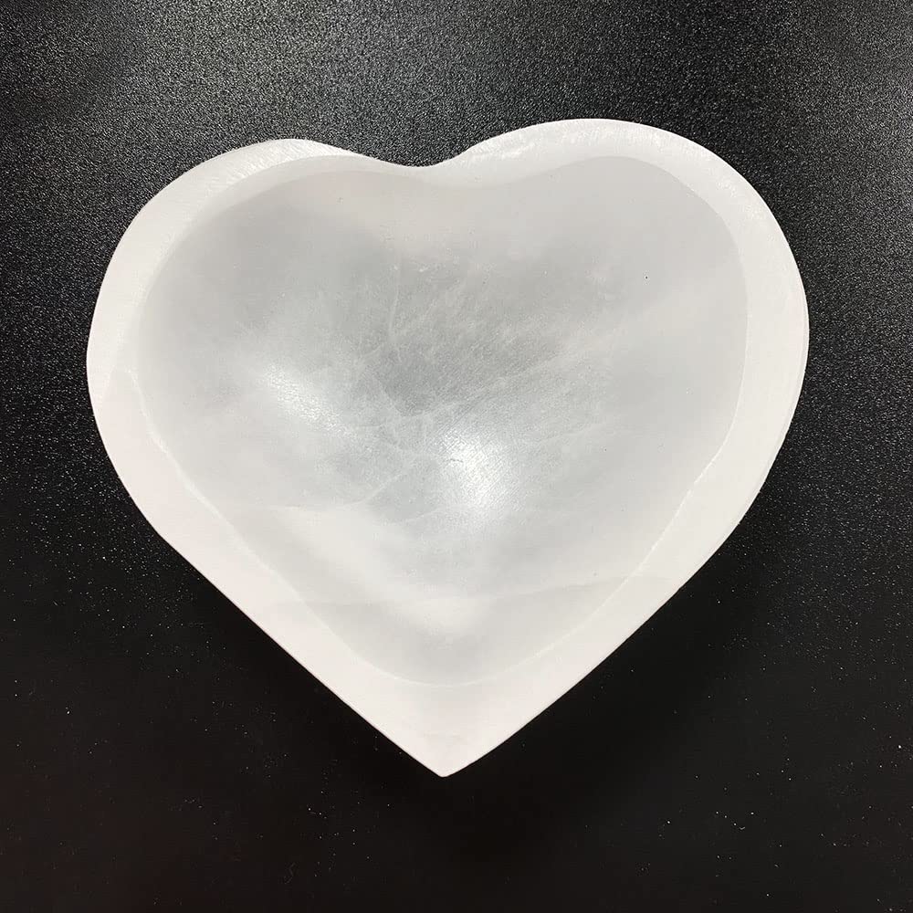 MOGEMT 4 Inch Selenite Bowl Hand-Carved Heart Shape Selenite Crystals Holder for Cleansing, Charging, Smudging, Healing, Decoration or Gift