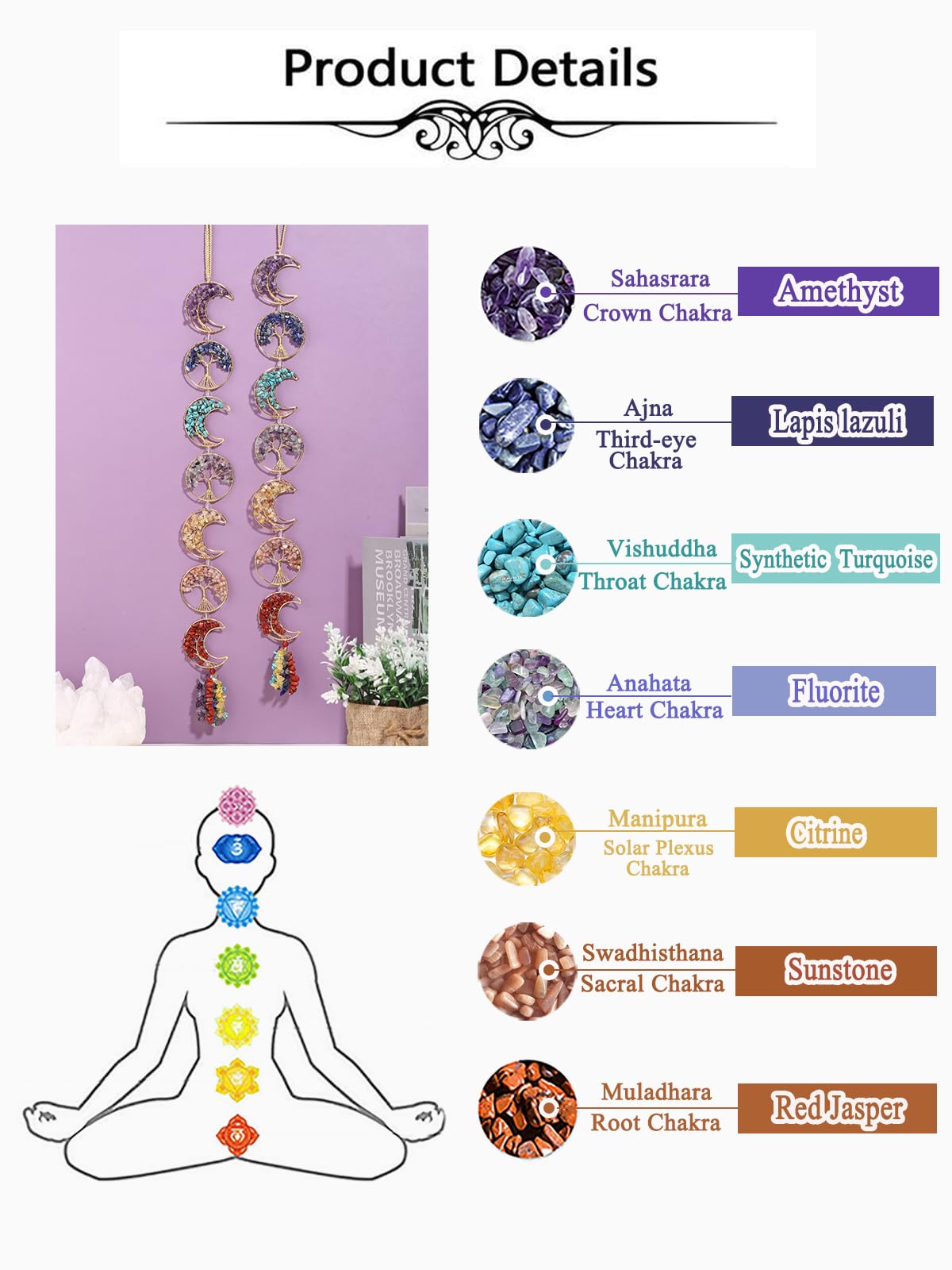 Top Plaza Life Tree Chakra Stones Decor Raw Healing Crystals Gemstones 7 Chakra Hanging Ornament Boho Moon Wall Decoration for Good Luck Yoga Meditation Feng Shui Decor