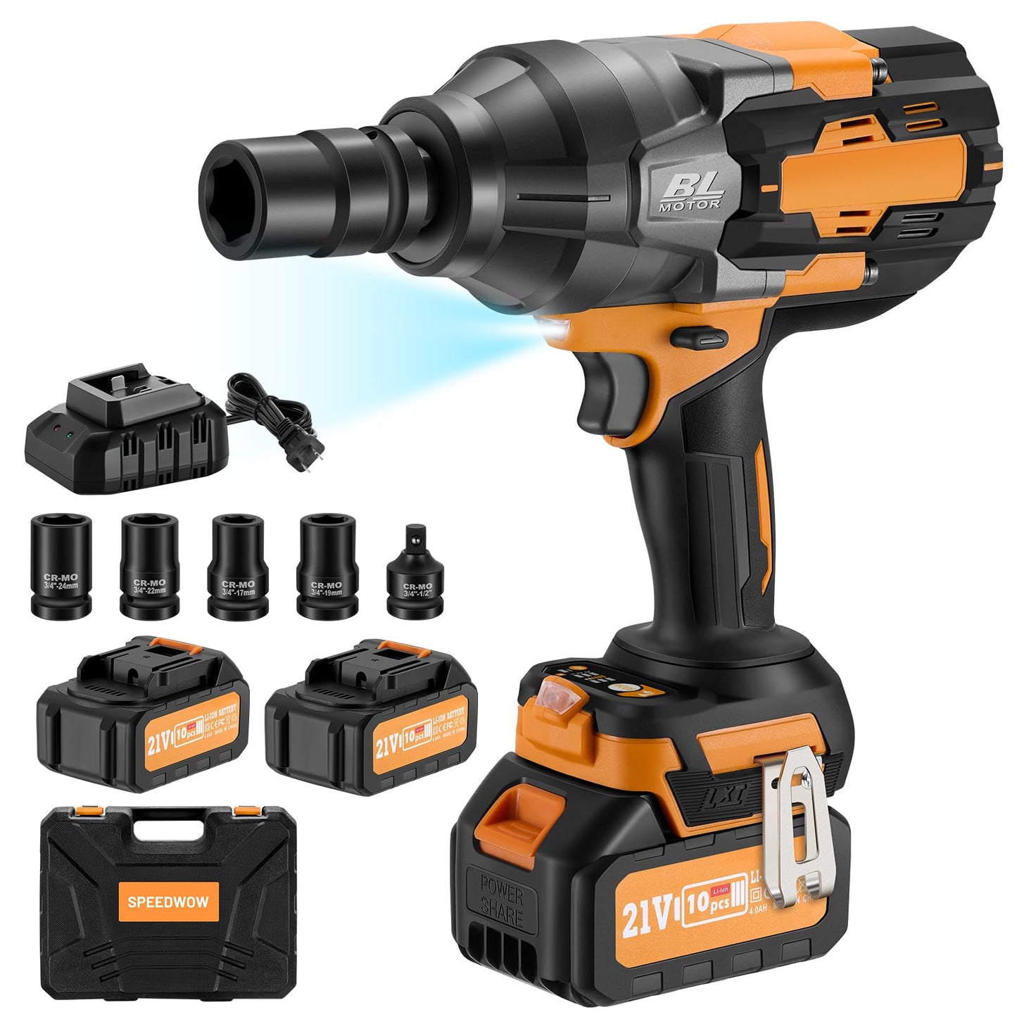 This Hill 3/4 inch Cordless Impact Wrench 1/2",1328Ft-lbs(1800Nm),21V Brushless lmpact Driver Set,2x 4.0Ah Battery,High Torque Power Impact Gun for Agricultural Machinery Truck