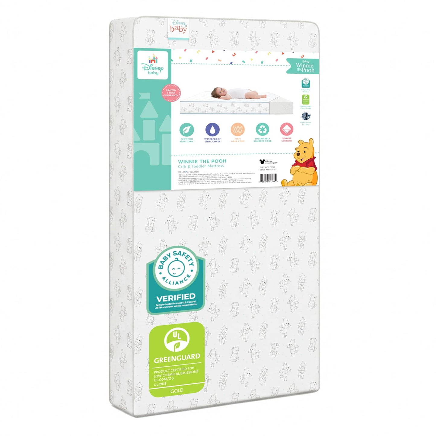 Delta Children - Disney Winnie the Pooh Crib & Toddler Mattress - Dual-Sided - Waterproof - GREENGUARD Gold Certified - Non-Toxic - Lightweight - Made in USA - Sustainable Fiber Core - 52"L x 27.5"W