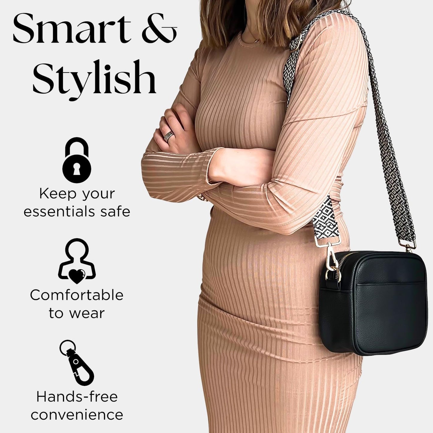 Lily England Cross Body Bag Women - Multiple Pockets - Adjustable Wide Strap and Chain - Black Handbag Crossbody - Over the Shoulder Bag