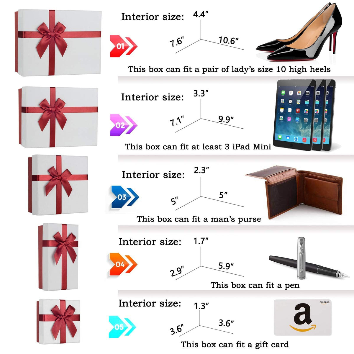 Eerbaier Gift Box for Present, Set of 5 Gift Boxes with Lids, Sturdy and Elegant Boxes for Gifts, Red Gift Boxes with Ribbon for Birthday, Anniversaries, Weddings, etc.(Red/White)