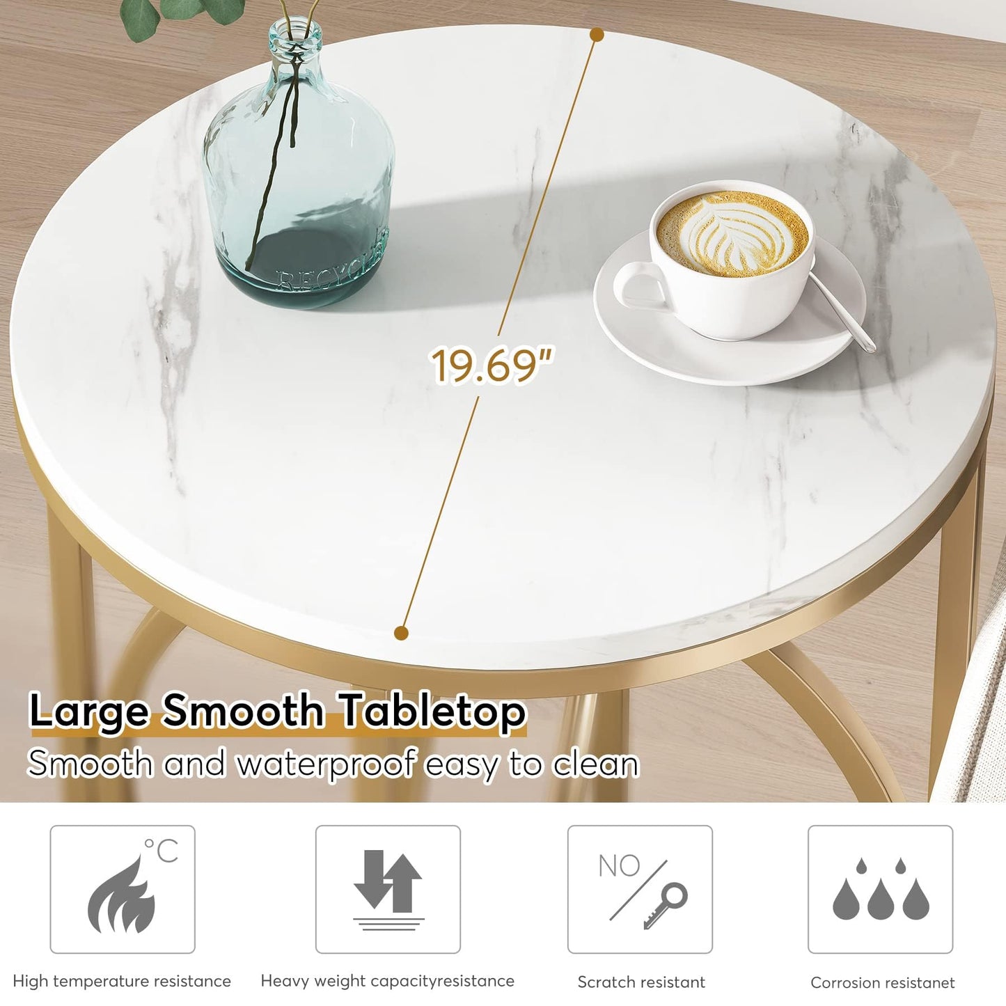 LITTLE TREE 20” Round End Table，Modern Sofa Side Table with Gold O-Shaped Base, Faux Marble White Cocktail Table Accent Table Nightstand for Living Room Bedroom, 2PCS
