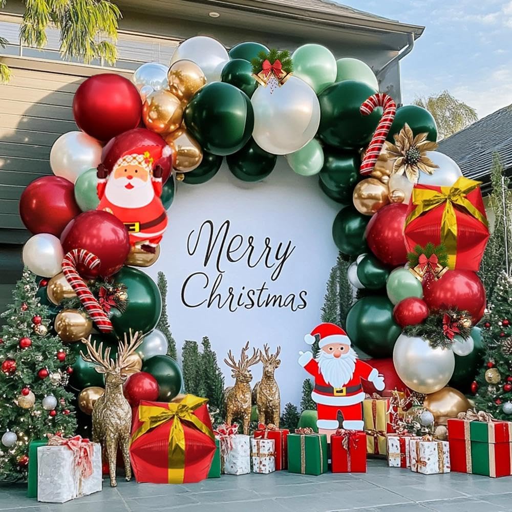 Christmas Balloon Arch Kit, Double Stuffed Dark Green Red Pearl White Gold Balloons Emerald Green Burgundy Balloon Garland for Christmas New Year Xmas Birthday Wedding Festival Party Decorations