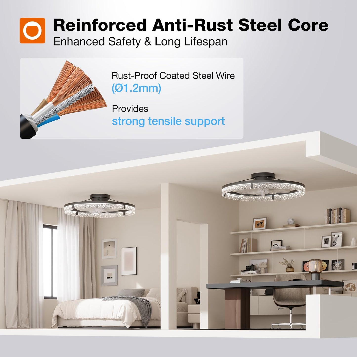 addlon Ceiling Fans with Lights and Remote, 24'' Low Profile Flush Mount Ceiling Fan, 3000–6000K Dimmable LED Fandelier, Bladeless Crystal Fan Light for Bedroom, Kitchen, Living Room, Black