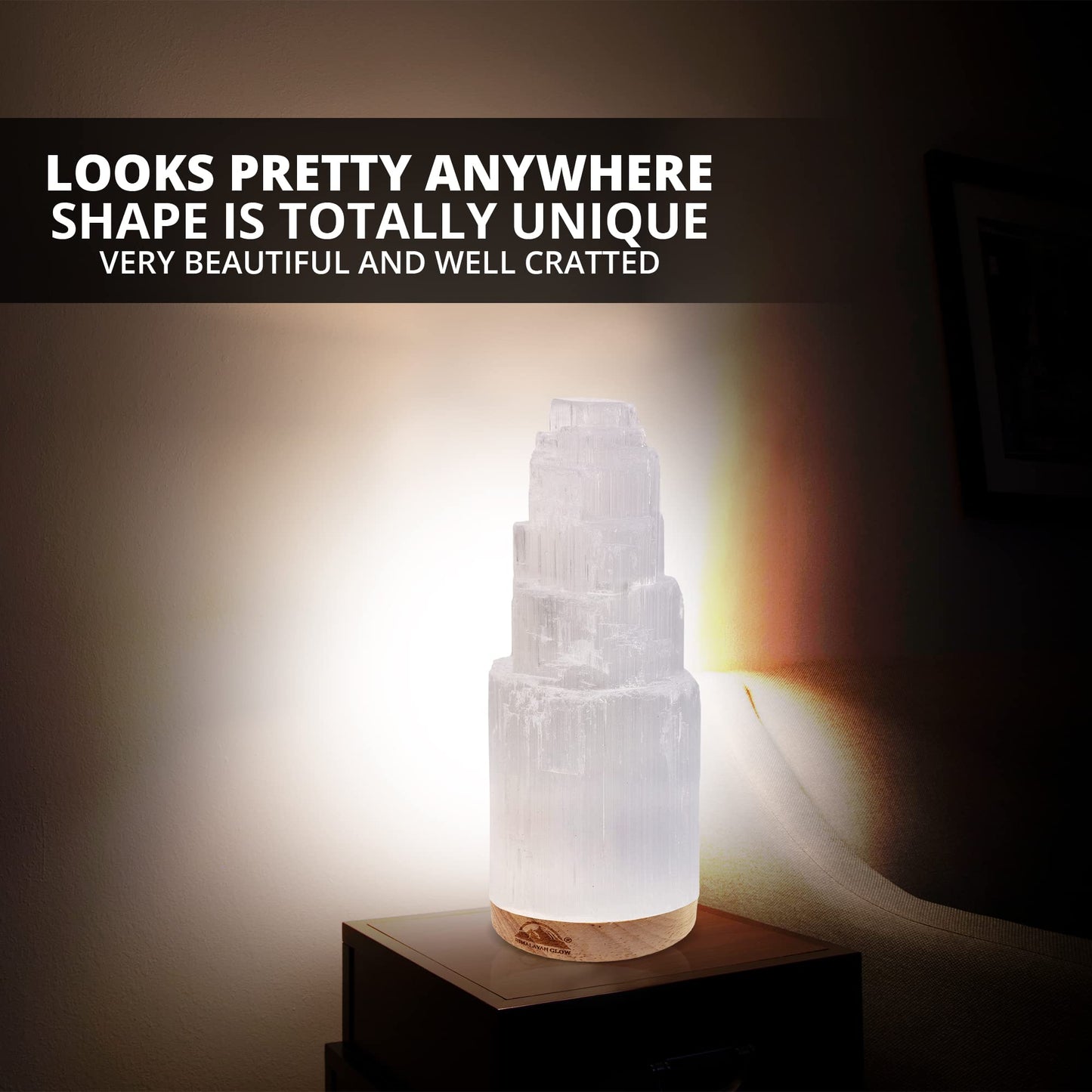 Himalayan Glow Selenite Crystal Lamp 20cm Large, Hand Curved Crystal Lamp with (ETL Certified) Wooden Base & USB Charging Cable for Home Décor - White