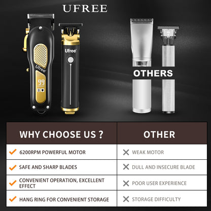 Ufree Hair Clippers for Men, Professional Clippers and Trimmers Set, Cordless Clippers for Hair Cutting, Beard Trimmer, Barber Clippers, Rechargeable Electric Shaver, Gifts for Men, Black Gold