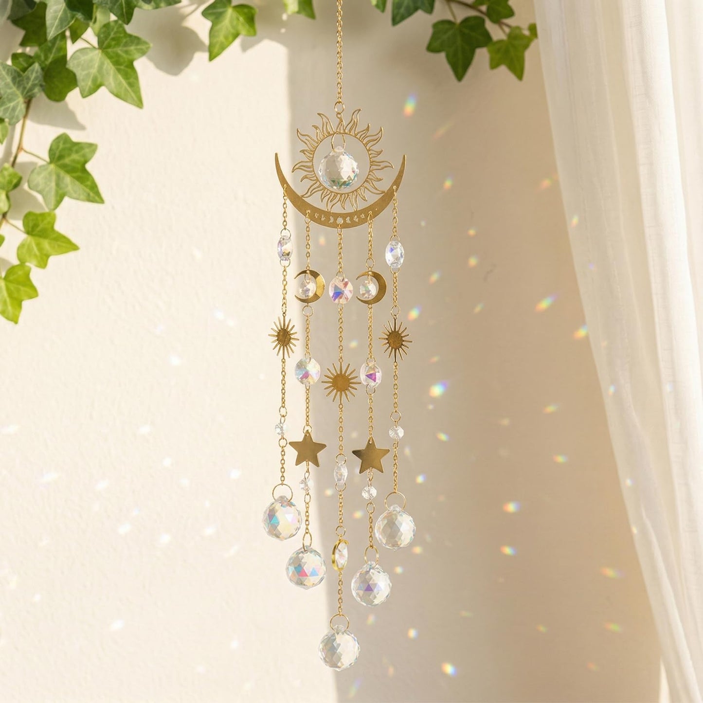 Sun and Moon Crystal Suncatcher for Window Hanging, Prism Sun Catcher with Chain and Hook, Rainbow Maker for Ceiling Porch Indoor Window Home Garden Christmas Day Party Wedding Decoration