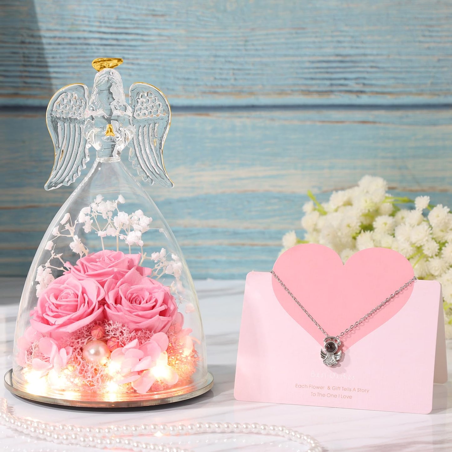 ANWEAO Mothers Day Birthday Gifts for Her Preserved Real Rose in Angel Glass Crystal Angel Figurines,The Best Mothers Day Christmas Anniversary Birthday Gift for Mum Wife (Pink)