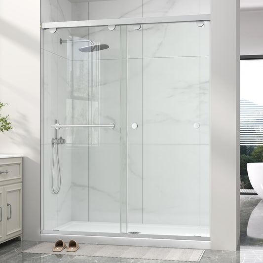 Frameless Shower Door with Soft-Close & Anti-Leak,5/16" (8mm) Double Sliding Shower Door,Nano Coating Anti-Explosion Film SGCC Tempered Glass 49"- 54" W x 76" H,Brushed Nickel