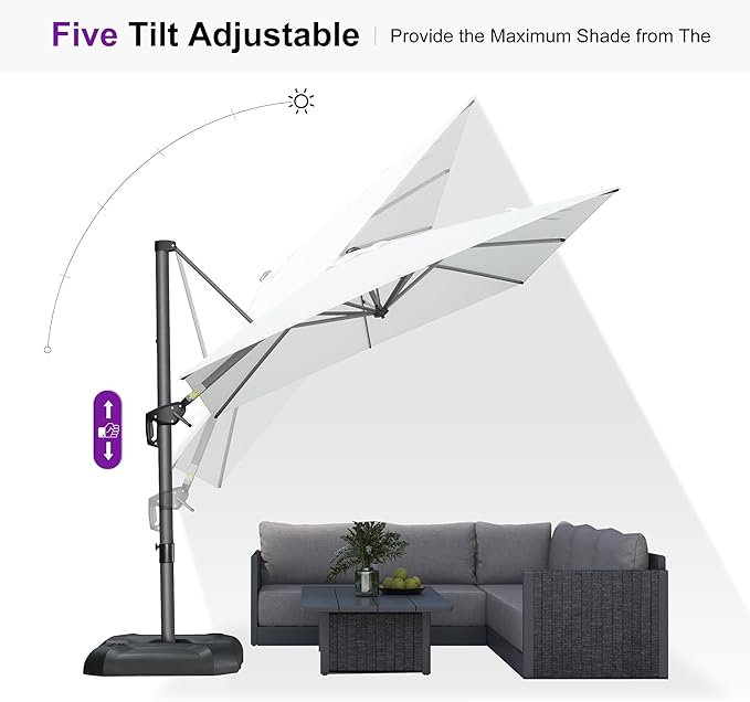 PURPLE LEAF 9'×9' Patio Umbrella with Base Outdoor Cantilever Umbrella with Cover Aluminum Square Offset Umbrella with 360-degree Rotation for Deck Pool Garden White