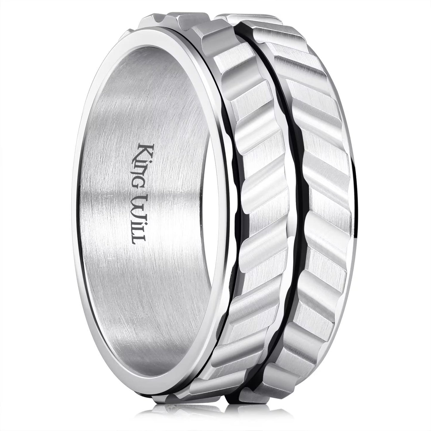 King Will Mens Silver 8mm Spinner Rings Tire Thread Stainless Steel Groove Anxiety Fidget Ring for Men 9