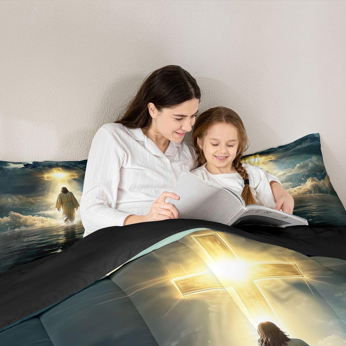 God Walking on Water Girls Bedding Set Twin Size,Western Faith Bible Verse Comforter Set,Spiritual Blue Ocean Quilt Comforter Girls Boys Teens,Golden Dark Blue Room Decor All Season,1 Pillowcase
