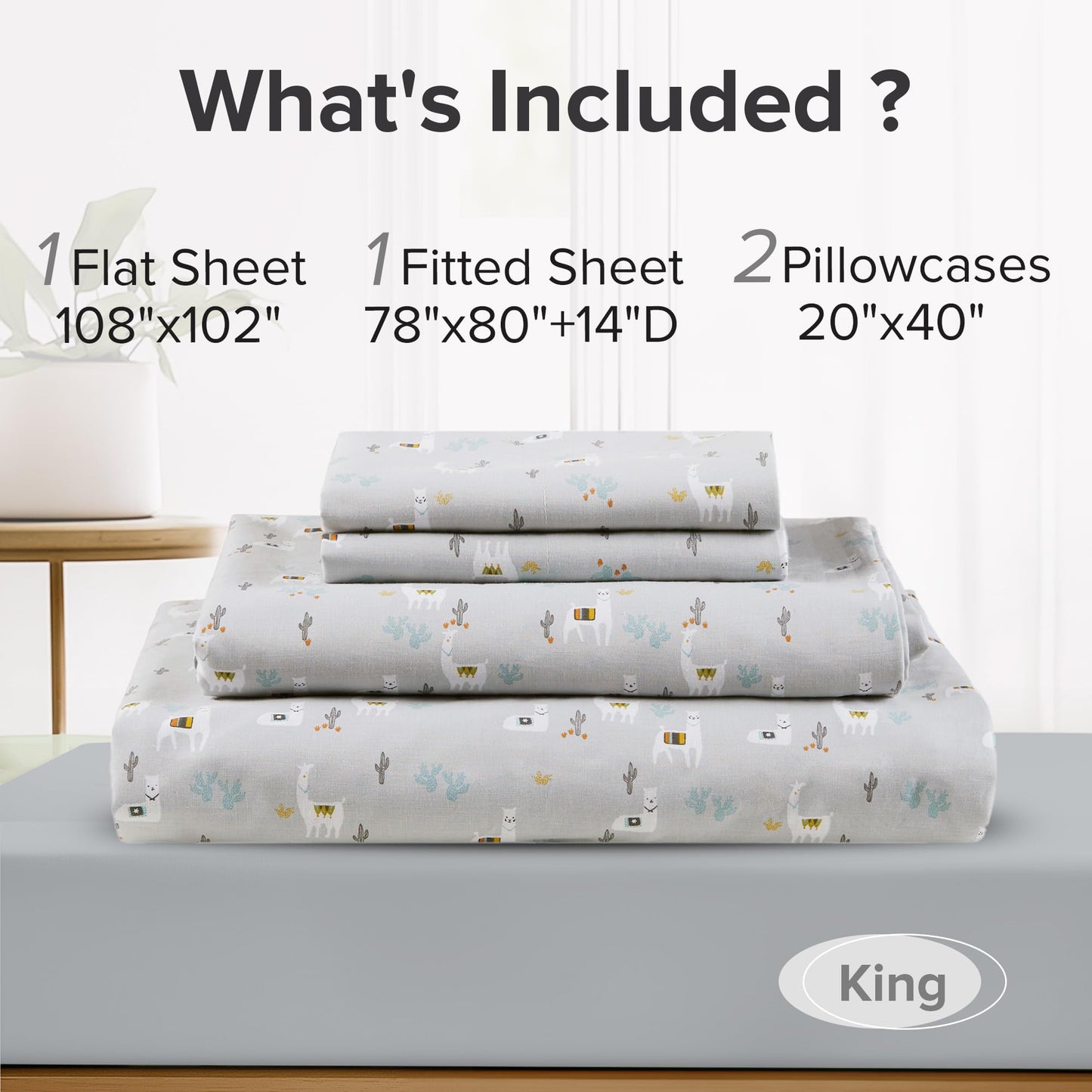 Comfort Spaces 100% Cotton Sheet Set Breathable, Lightweight, Soft with 14" Elastic Pocket Fits up to 16" Mattress, All Season Cozy Bedding, Matching Pillow Case, King Lama Multi 4 Piece