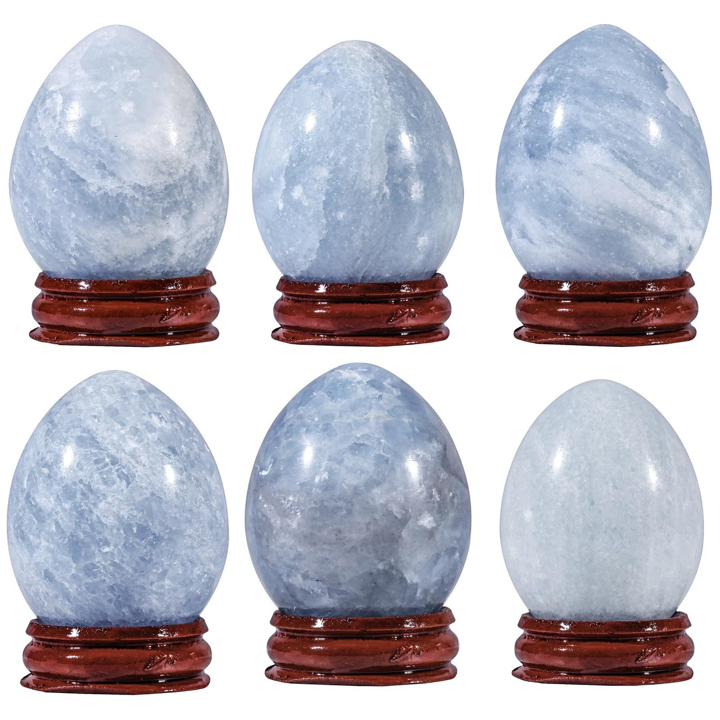 Sportmusies Natural Blue Celestite Stone Egg with Wood Stand, Polished Reiki Stone Egg Figurine Decoration for Home Desk Meditation, 2-2.36 inches