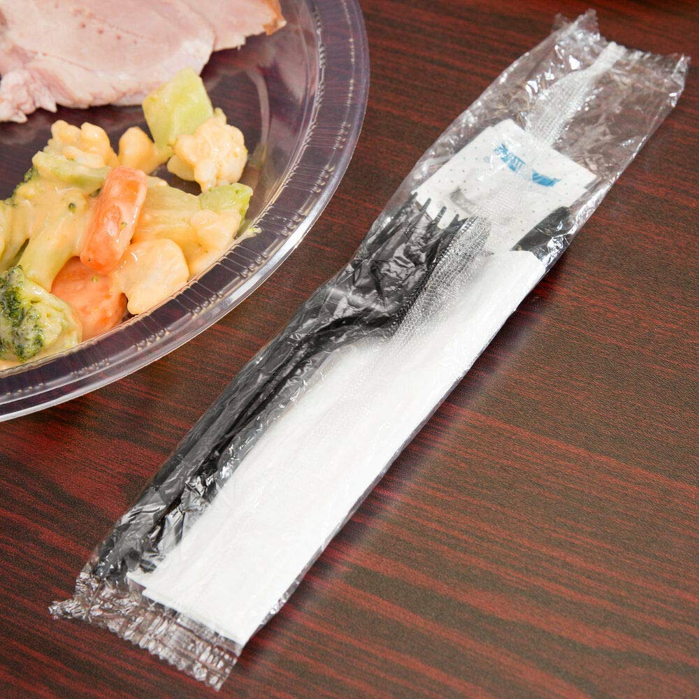 100 Plastic Cutlery Packets - Knife Fork Spoon Napkin Salt Pepper Sets | Black Silverware Sets Individually Wrapped Cutlery Kits, Bulk Plastic Utensil Cutlery Set Disposable To Go Silverware