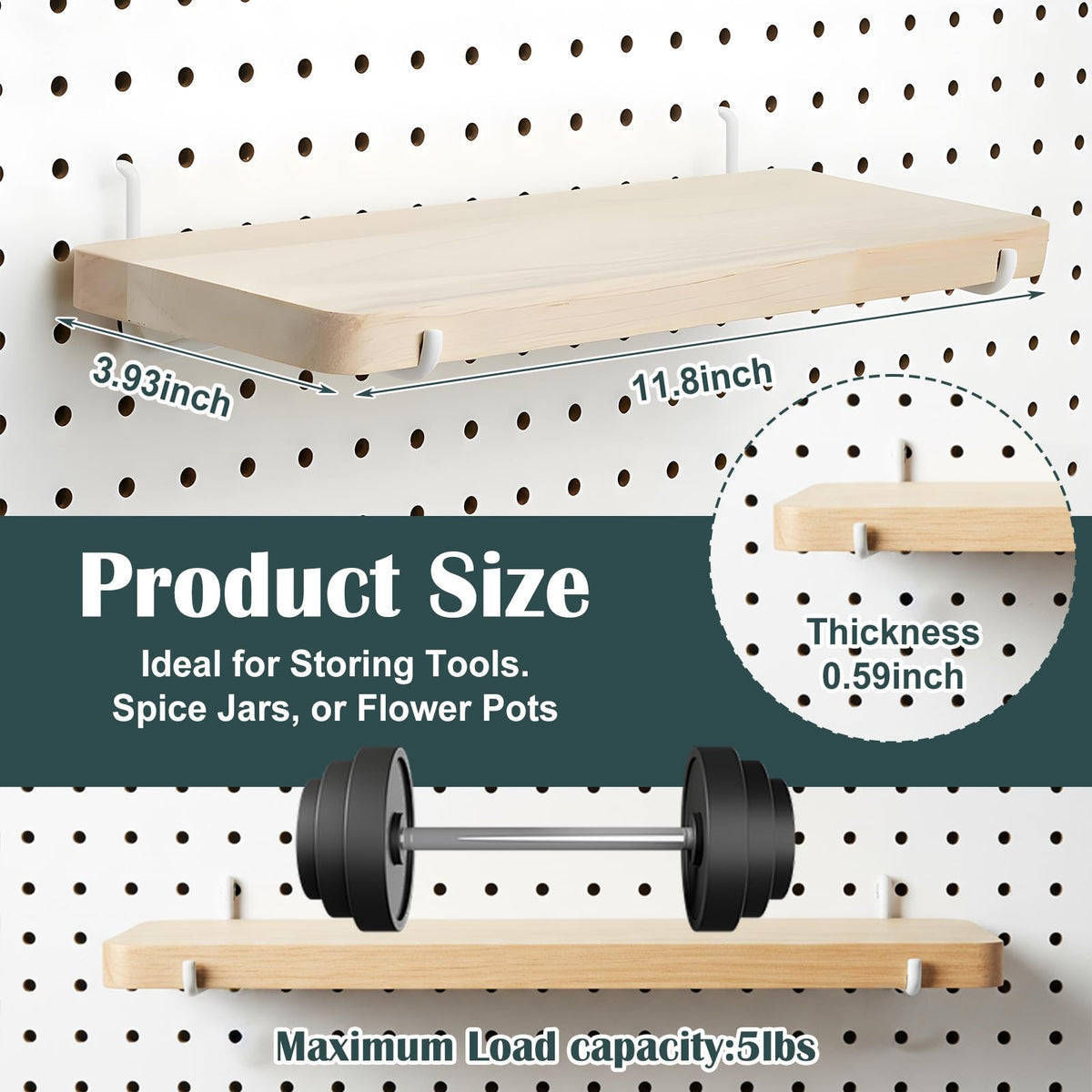 2 Pack Pegboard Shelves, Solid Wood Wall Shelf with Hooks, Solid Wood Pegboard Shelf, High Balance and No tilt, Wooden Pegboard Shelves for Metal Pegboard, Organizer Accessories for Home & Office