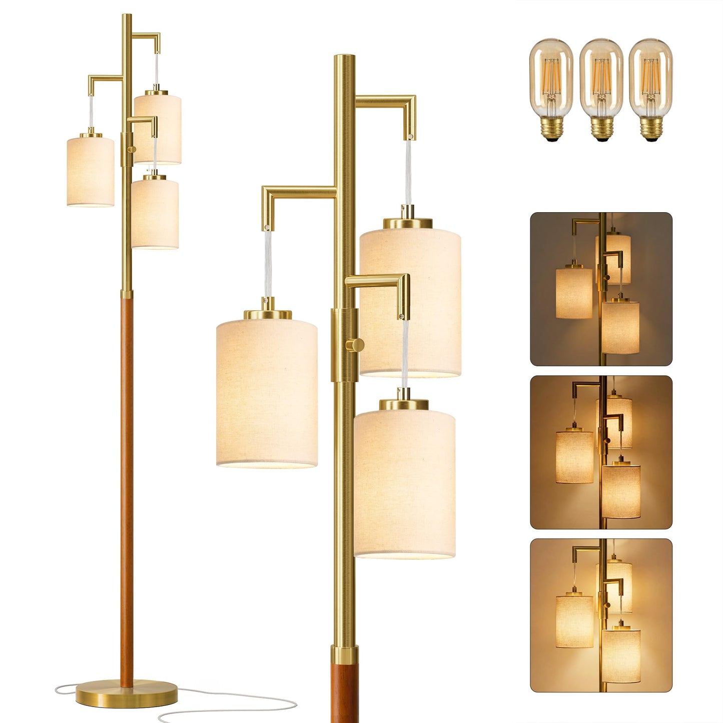 G-SAFAVA 70" Wood Floor Lamp Dimmable Floor Lamps for Living Room Bedroom Mid Century Modern Floor Lamp Gold Standing Lamp Tall Lamps for Office Nursery Reading Elegant Stand Up Lamp, 3 Bulbs Included
