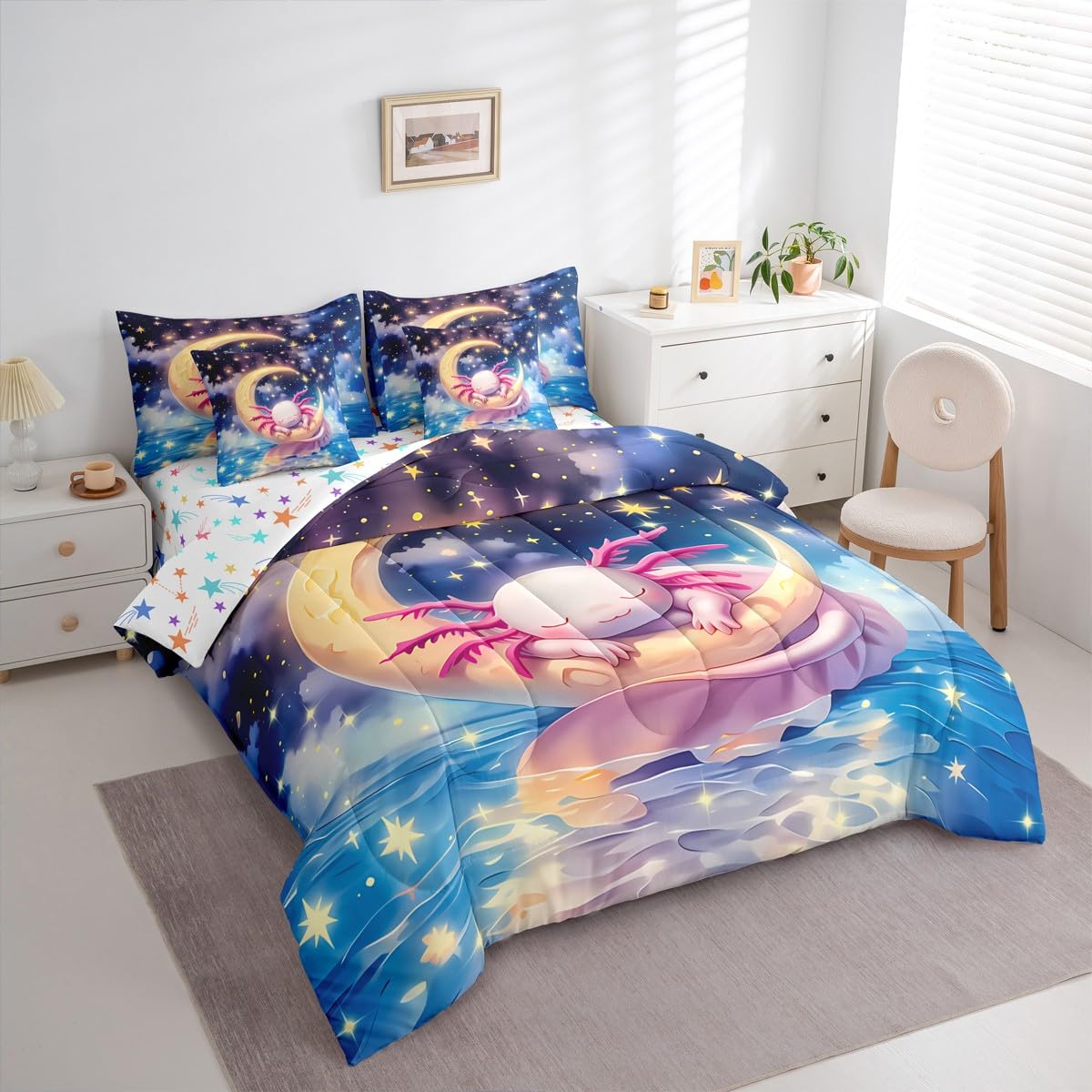 Erosebridal Kids Cute Axolotl Queen Comforter Set Teen Girl Cartoon Ocean Animal Bed in a Bag Preppy Dreamy Fantasy Axolotl 7-Piece Bedding Set Space Stars Galaxy Salamander Quilt Duvet Sets