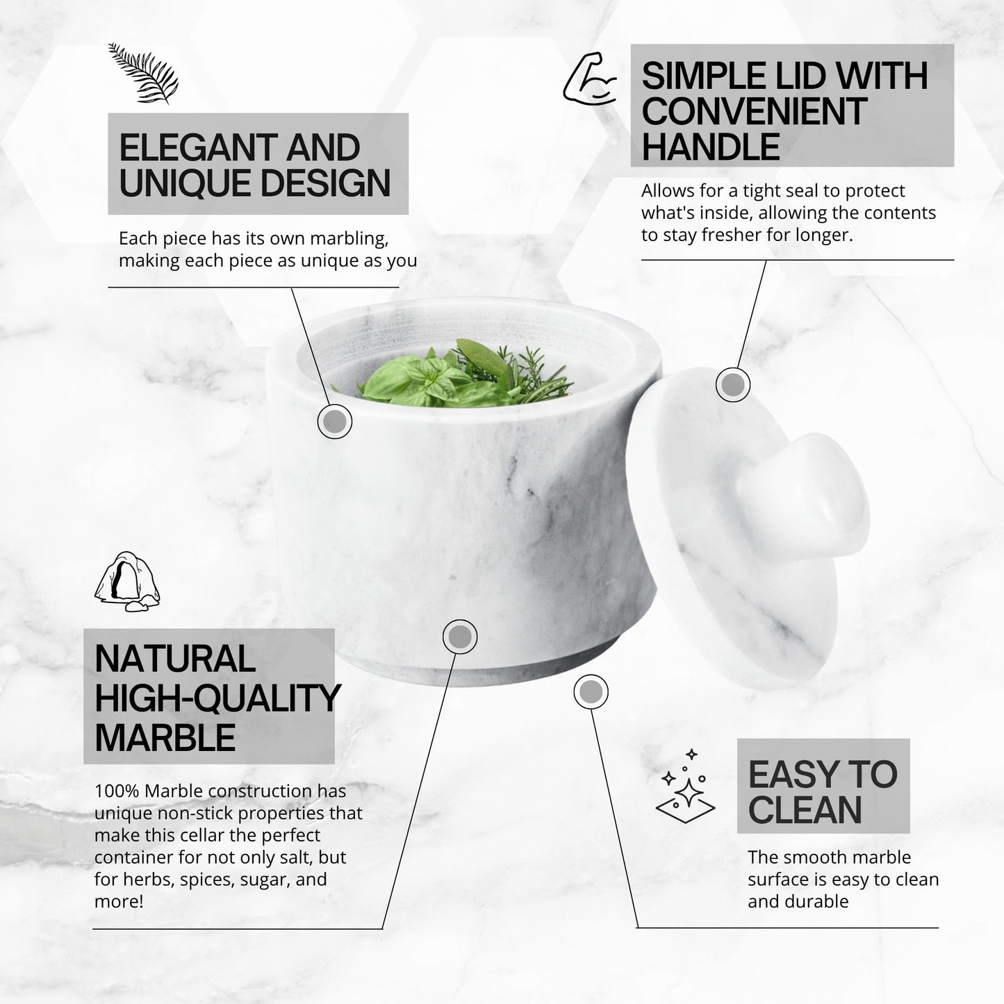 Flexzion Marble Salt Cellar with Lid, Multi-Purpose Marble Container for Salt, Pepper, Paprika and Powdered Herbs, Salt Containers for Countertop, Box for Jewelry, Watches & Accessories (White)