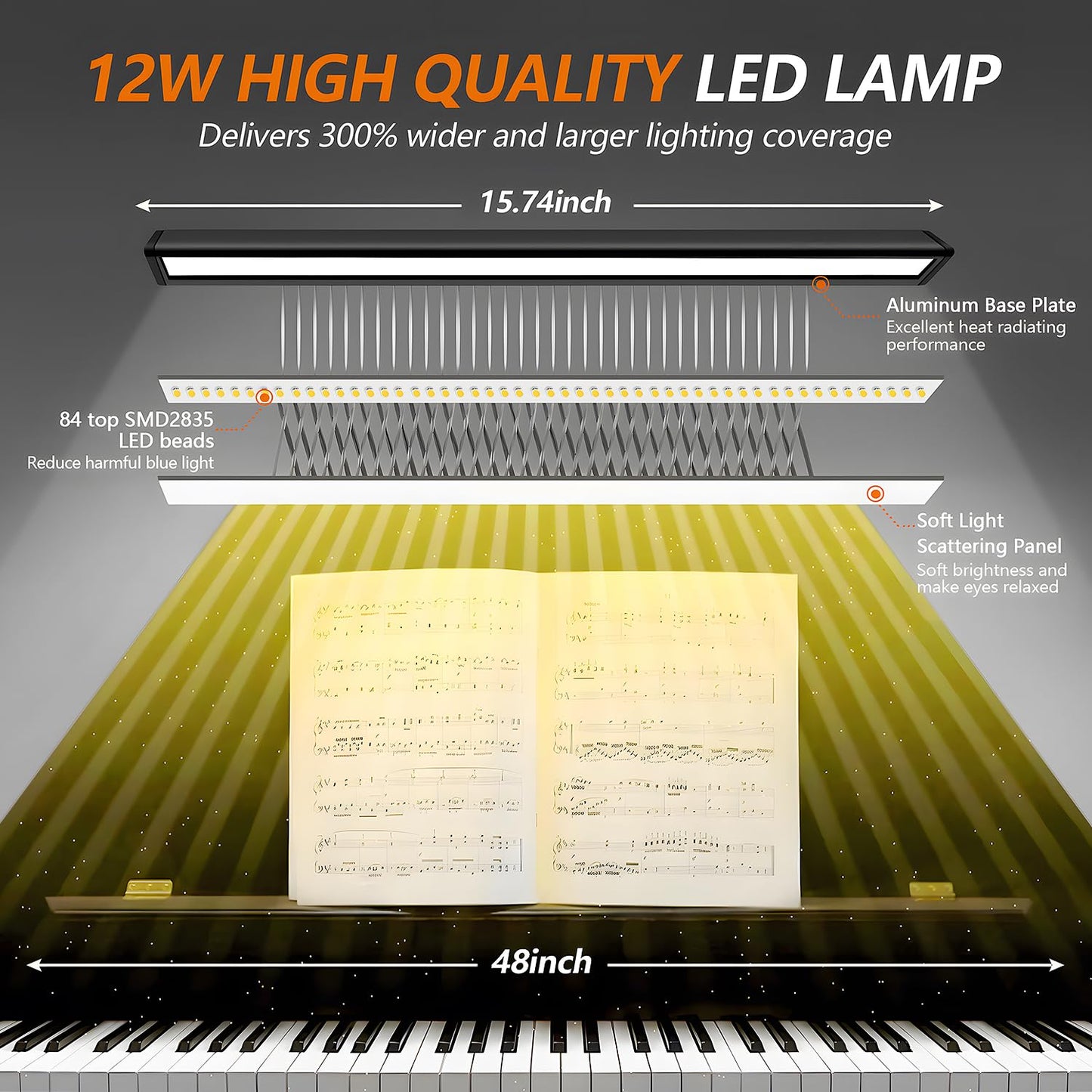 Piano Light, Upgraded LED Piano Lamp for Grand/Upright & Digital Pianos, Music Stand Lamp with Adjustable Gooseneck, Auto-Off Timer, 5 Color Modes Dimmable & USB Charging Port Eye-Care Desk Light
