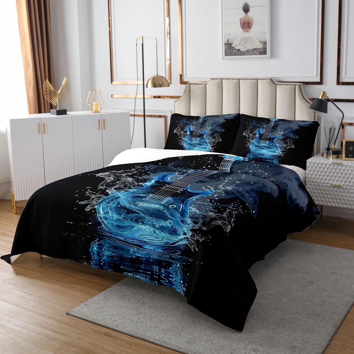 Homewish Music Guitar Bedding Sets King Size,Hip-pop Music Bedspread 3Pcs for Kids Girls Boys Adult Room Decor,Electronic Musical Quilt Comforter Blue Black Coverlet,2 Pillowcases