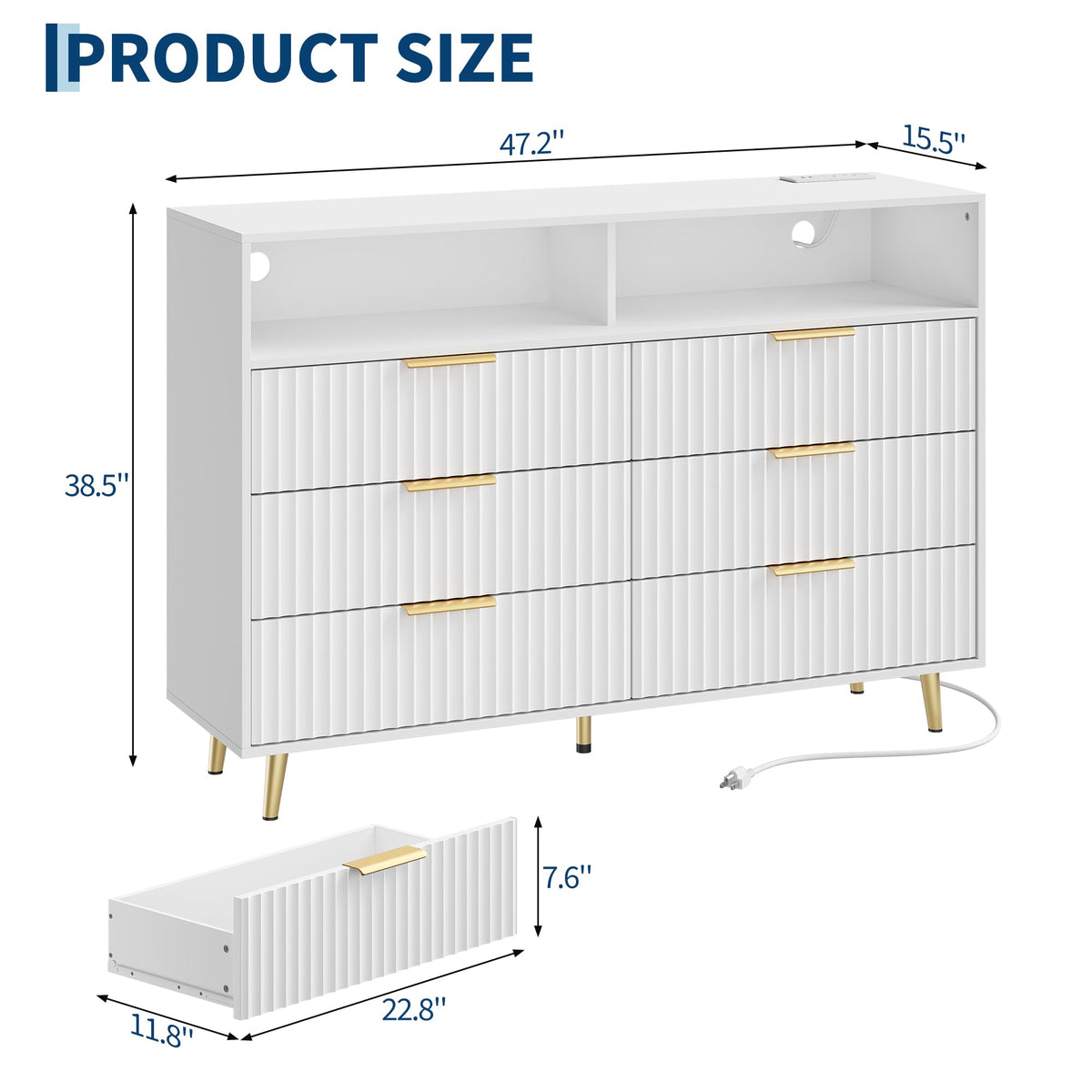 IDEALHOUSE 6 Drawer Fluted Dresser for Bedroom, 47.2" Wide Modern Chest of Drawers with Metal Handles, Wooden TV Stand, Storage Organizer for Closet, Living Room, Hallway, White