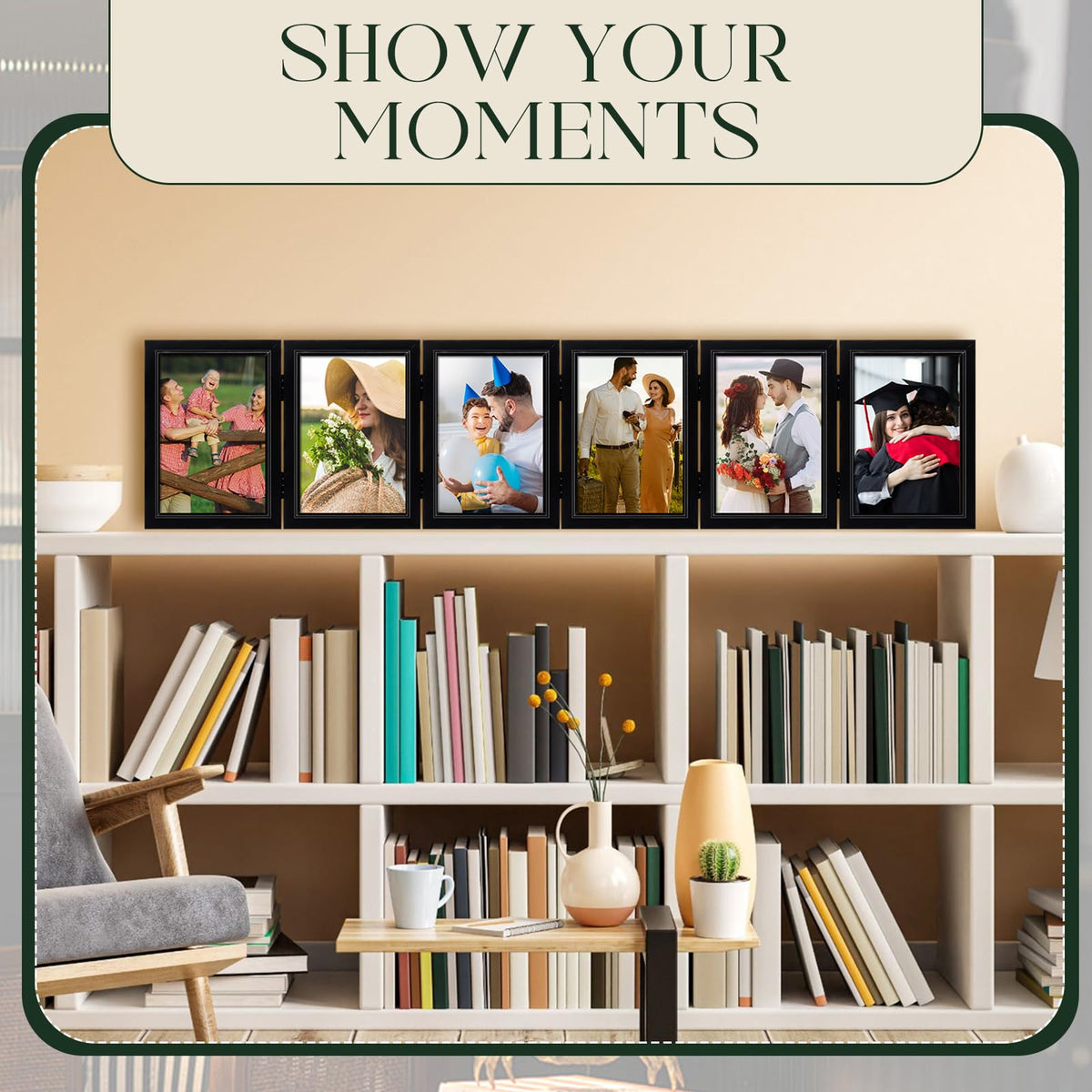 Sintuff 2 Pack 6 Folding Hinged Picture Frame Graduation Photo Frame High Definition Natural Wood Picture Collage for Desktop Display Family Graduation Birthday Mother's Day Gift(Black,4x6 in)