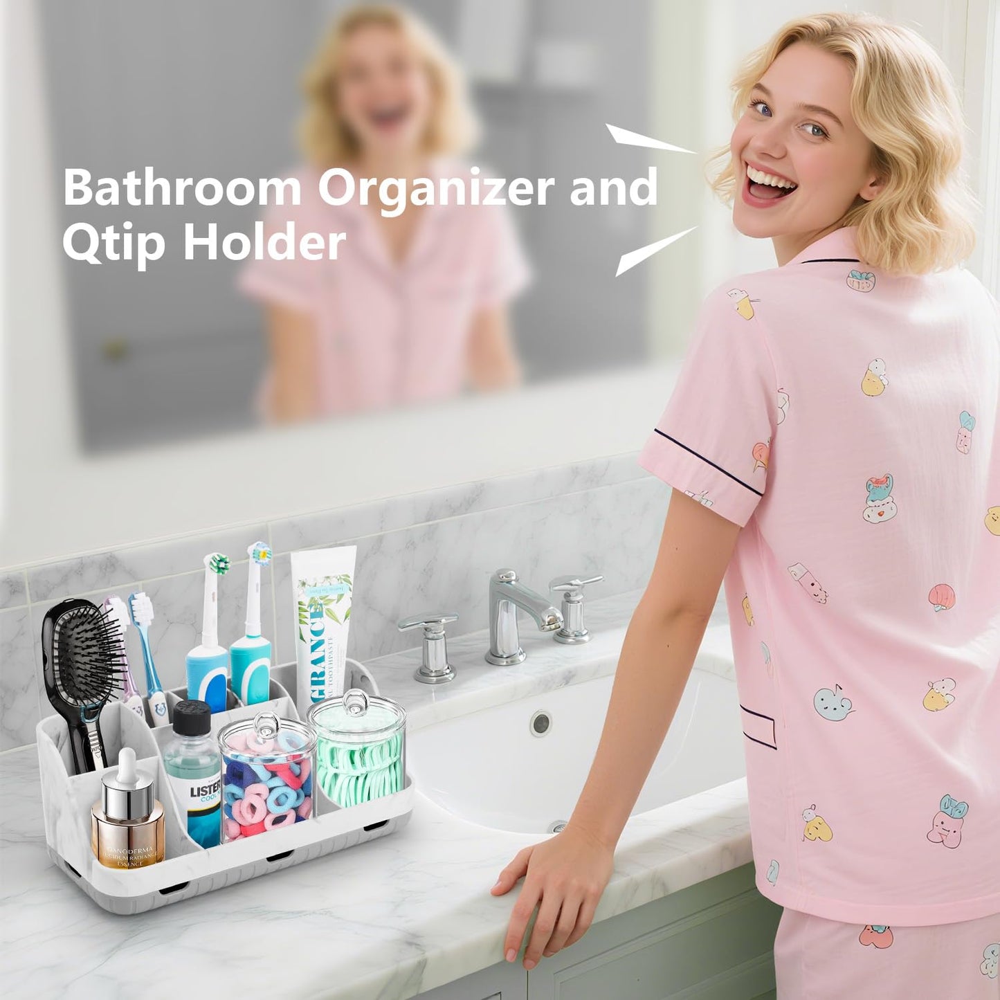 GFWARE Bathroom Toothbrush Holder Set with 2 Pack Qtip Holder Dispenser - Detachable 7 Slots Bathroom Accessory Set, Kids Marble Bathroom Sink Counter Set, Bathroom Essentials Decor, Grey