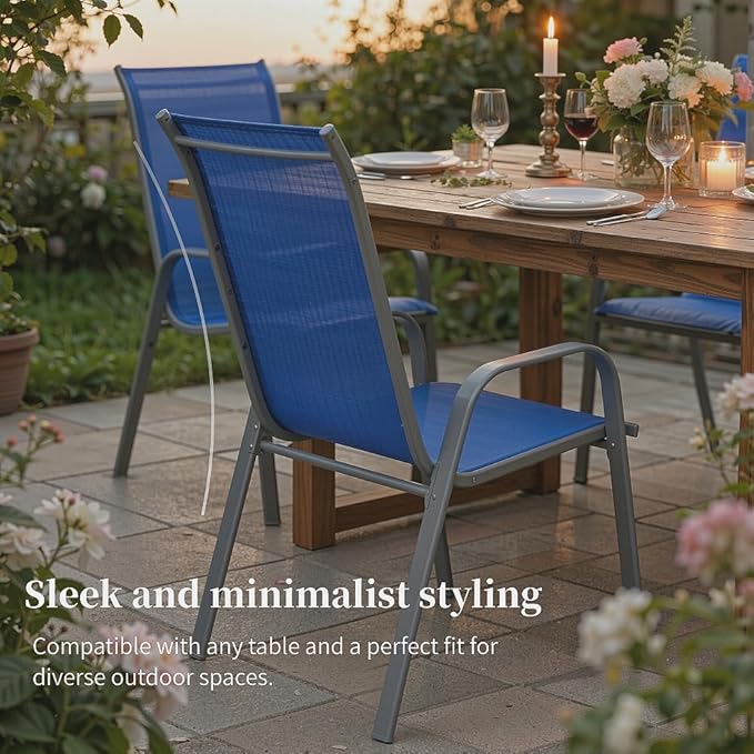 MAMIZO Patio Dining Chairs, Stackable All Weather Teslin Chair, Heavy Duty Outdoor Breathable Chairs Set, w/Armrests, Upgraded Chair FeetW/Strenthened Iron Spacers, 330 LBS (8, Navy Blue)