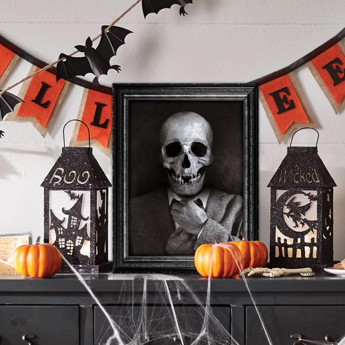 Benjia 15 Halloween Gothic Creepy Skull Photos Haunted Horror Picture Frame, Waterproof Durable, with 80pcs Self Adhesive Dots，Creepy Photo Decoration For Haunted Family Castle Masquerade Party Black