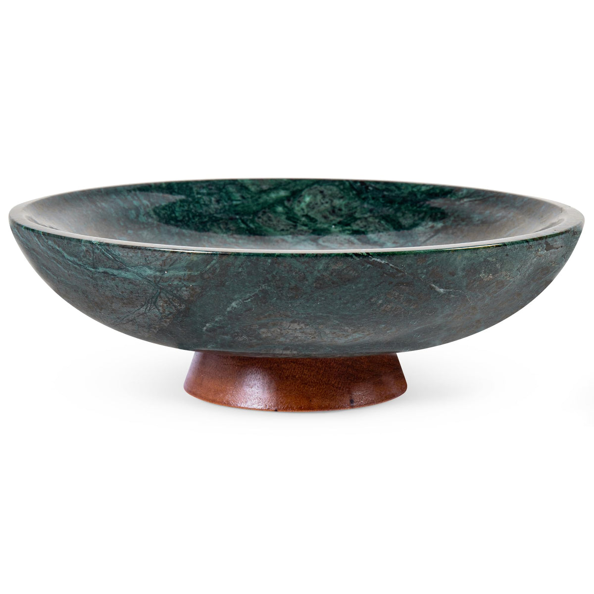 Decorative Marble Bowl Green - Handcrafted Natural Stone on Acacia Wood Pedestal - Versatile 10" Catch‑All Centrepiece for Home Decor - Entryway, Dining Table, Kitchen Fruit Bowl, Key Holder (Green)