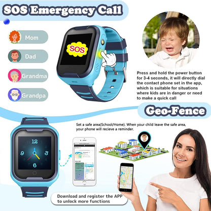 TEZILON Kids 4G GPS Smart Watch Real-Time Tracking Two-Way Phone Call GPS Tracker Waterproof Touchscreen Watch with Camera SOS Emergency Alarm Pedometer Tracker Watch Christmas Birthday 3-15 Present