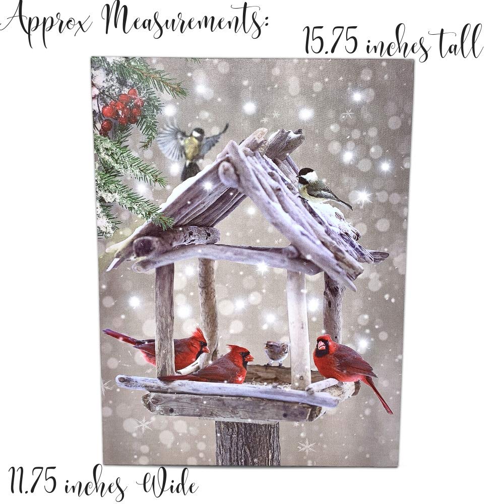 BANBERRY DESIGNS Lighted Cardinals Canvas Print with Rustic Bird Feeder - Berries Snowy LED Winter Scene - 20 Fiber Optic Lights - Wall Art - Measures 15.75" x 11.75"